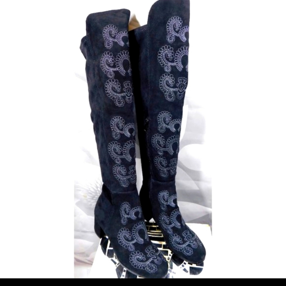 Over the Knee embroidered black and grey faux suede boot.  Mint condition.